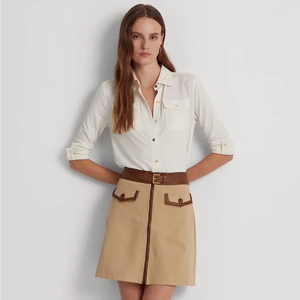 Lauren Ralph Lauren Beige Mini Skirt with Brown Trim - Picture 3 of 8
